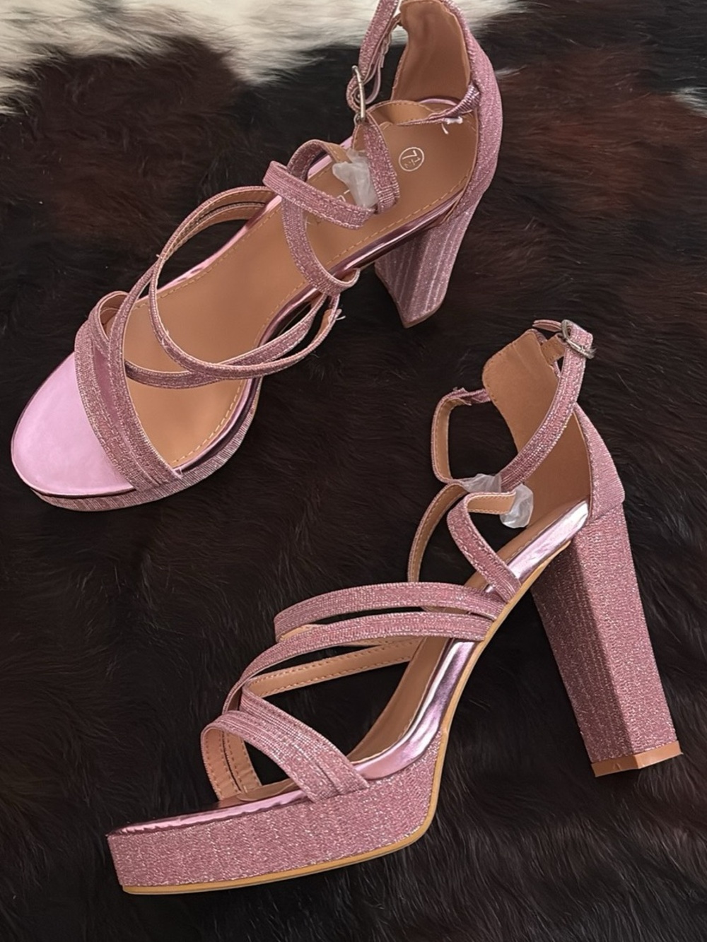 Size 7.5 Pink Glitter Strappy Block Heel Sandals